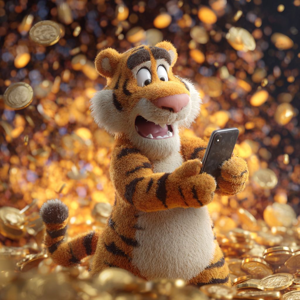 Play and win big with BD222 mobile app today! Tiger mascot excitedly using mobile app surrounded by golden coins in online casino BD222