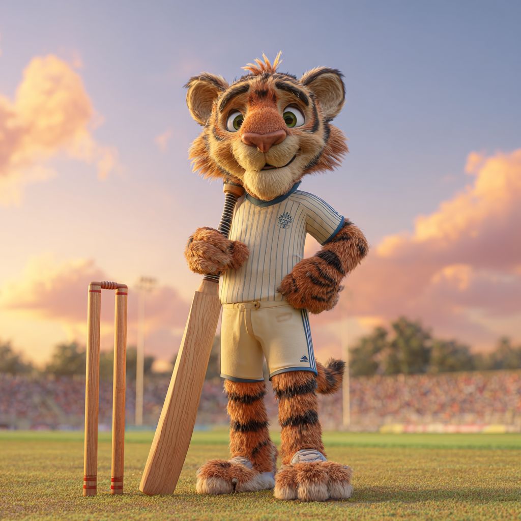 Bet on your favorite sports now with 222BD! Tiger mascot dressed as cricket player with bat on field representing sports betting at 222BD