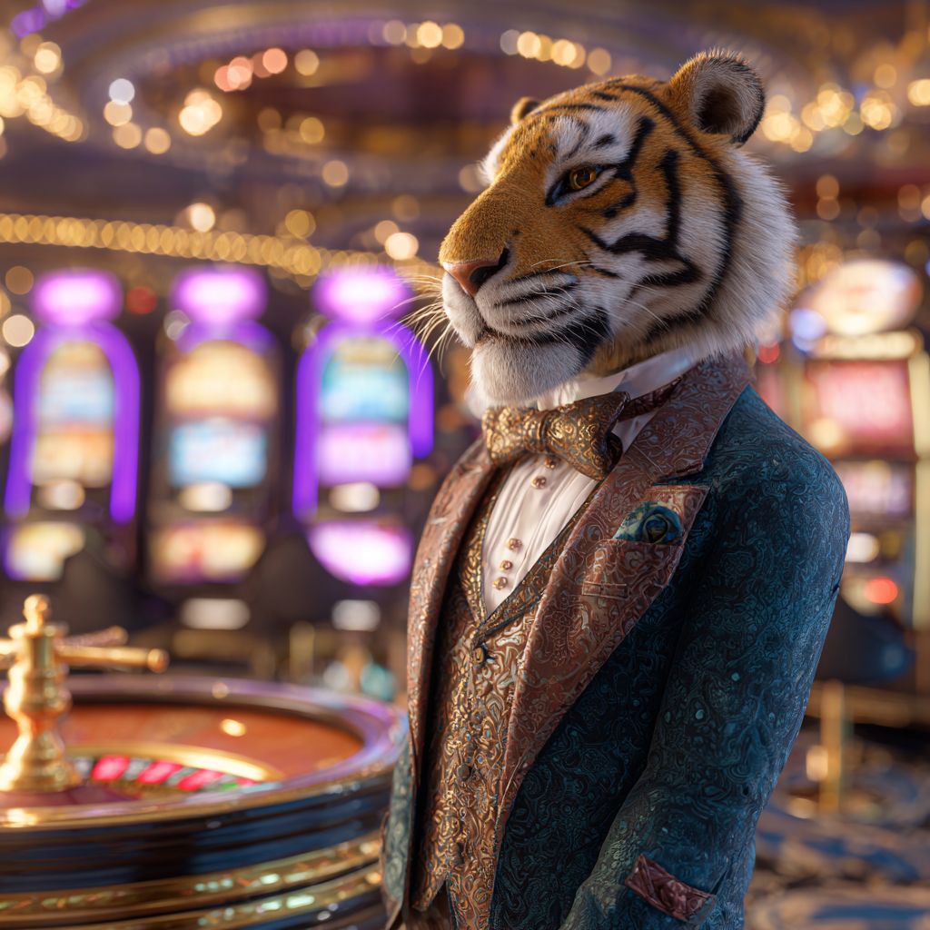Join BD222 casino and enjoy premium games! Elegant tiger mascot in suit standing at roulette table in luxury online casino BD222