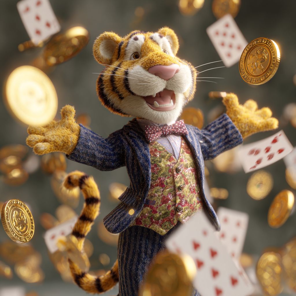 Discover exciting casino games at 222BD! Tiger mascot celebrating with playing cards and gold coins flying at 222BD online casino