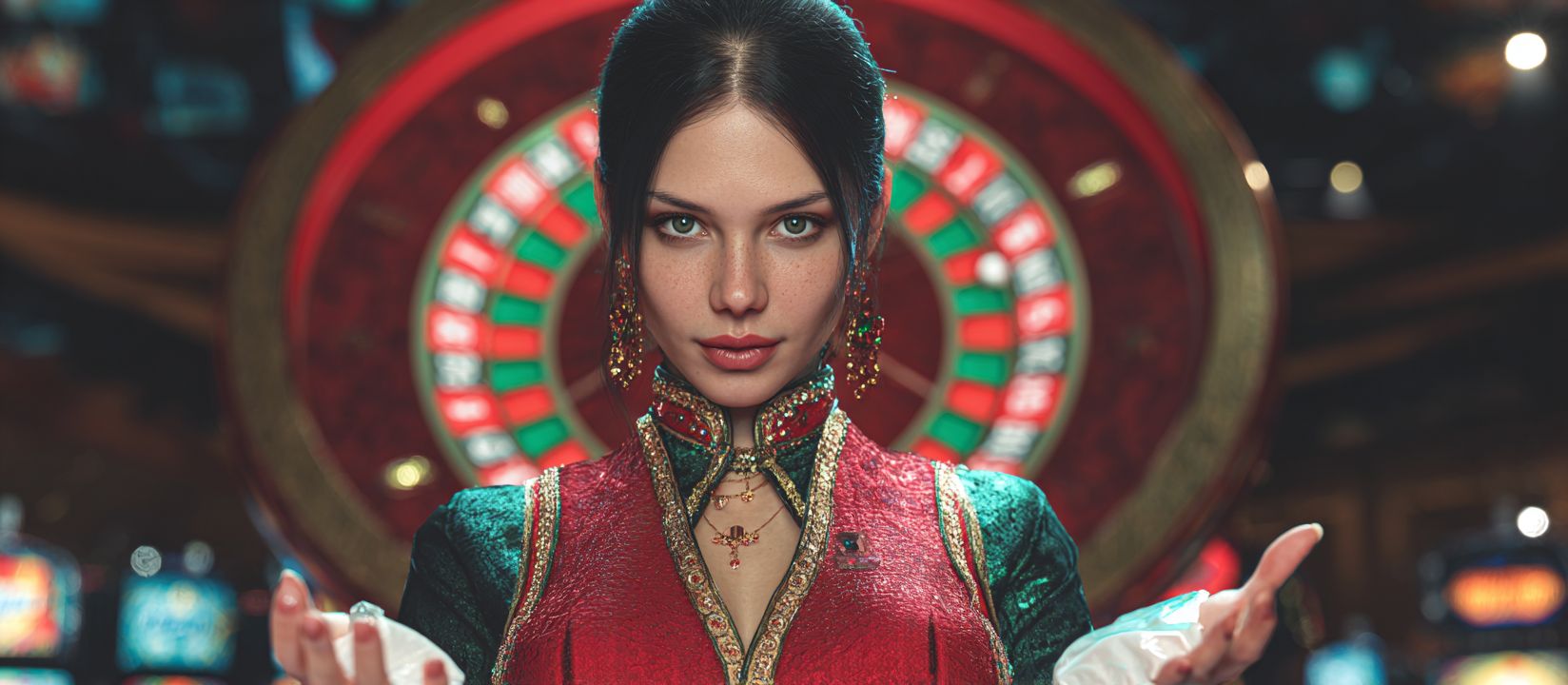 Join DB222 casino today and play roulette, poker and more Beautiful woman with long hair holding casino chips in front of a roulette wheel, surrounded by flying poker chips at DB222 casino