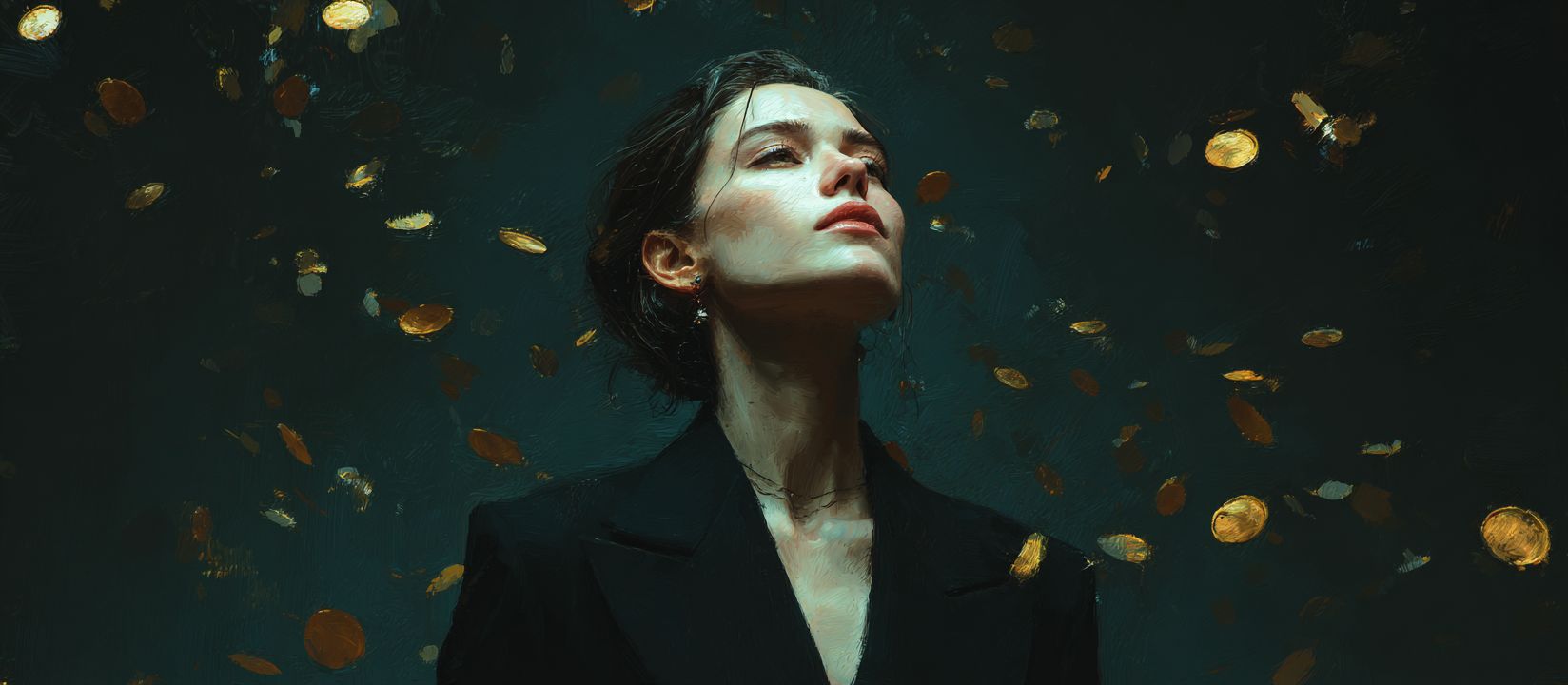 Discover the luxury of winning – start your journey with DB222 Elegant woman in stylish suit with golden earrings, standing confidently with golden coins falling around her at DB222 casino
