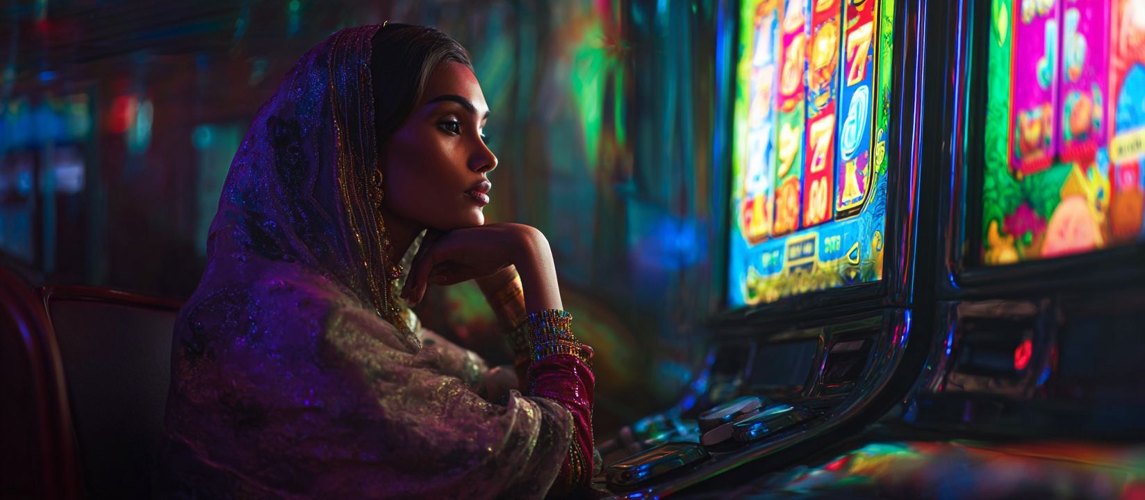 Spin and win big with DB222 online slots Woman in elegant sari playing bright slot machines inside DB222 casino hall
